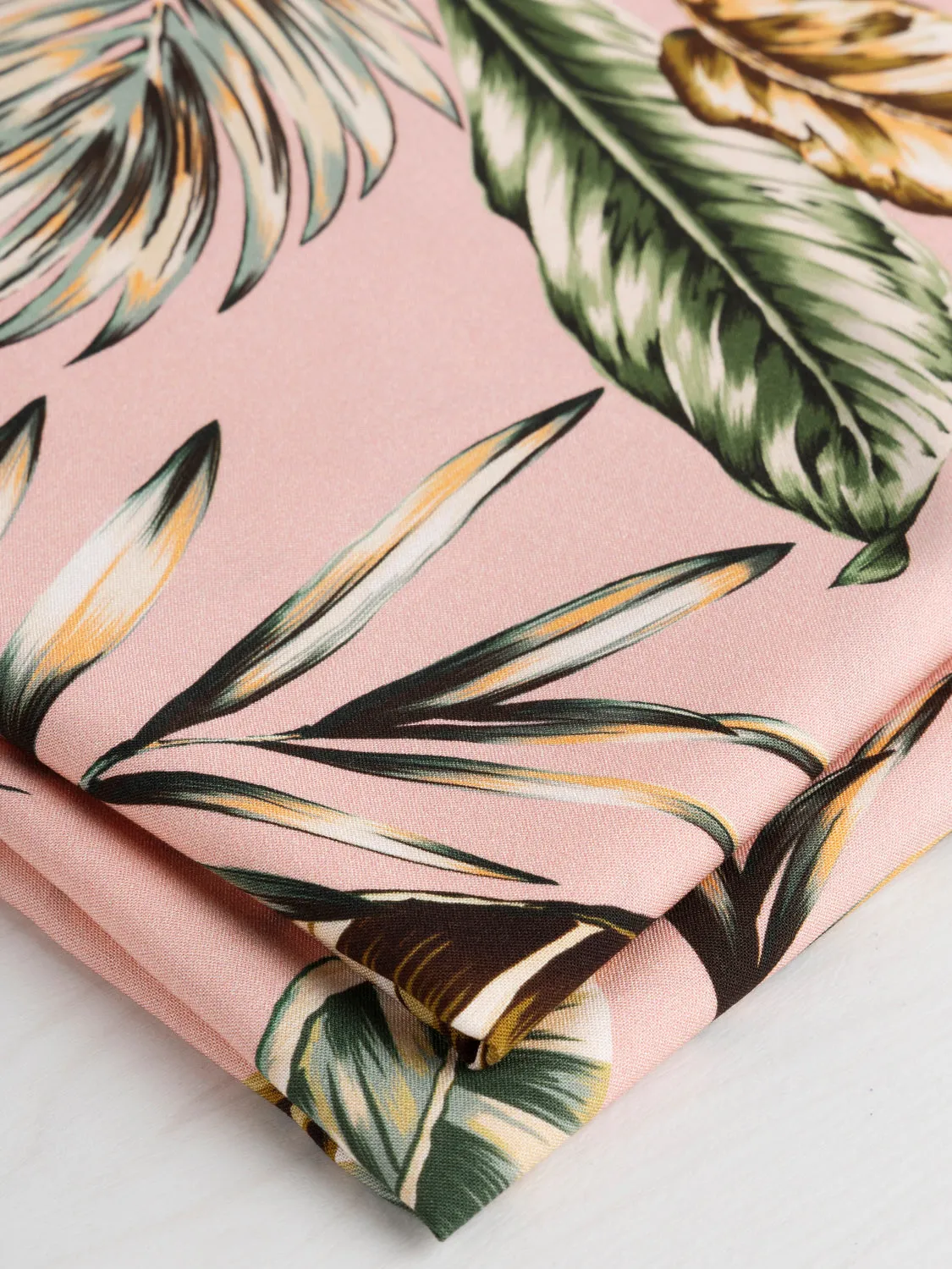 Large Tropical Leaf Print Viscose - Pink   Green - Swatch