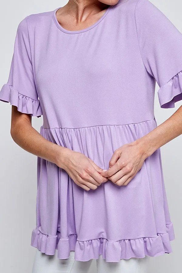 LAVENDER SHORT SLEEVE RUFFLED EDGE & HEM ROUND NECK TUNIC TOP