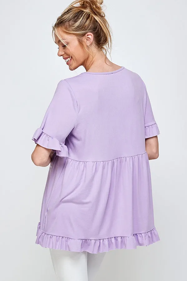 LAVENDER SHORT SLEEVE RUFFLED EDGE & HEM ROUND NECK TUNIC TOP