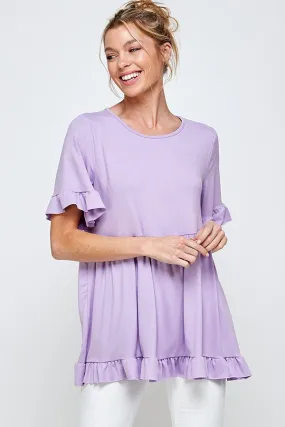 LAVENDER SHORT SLEEVE RUFFLED EDGE & HEM ROUND NECK TUNIC TOP