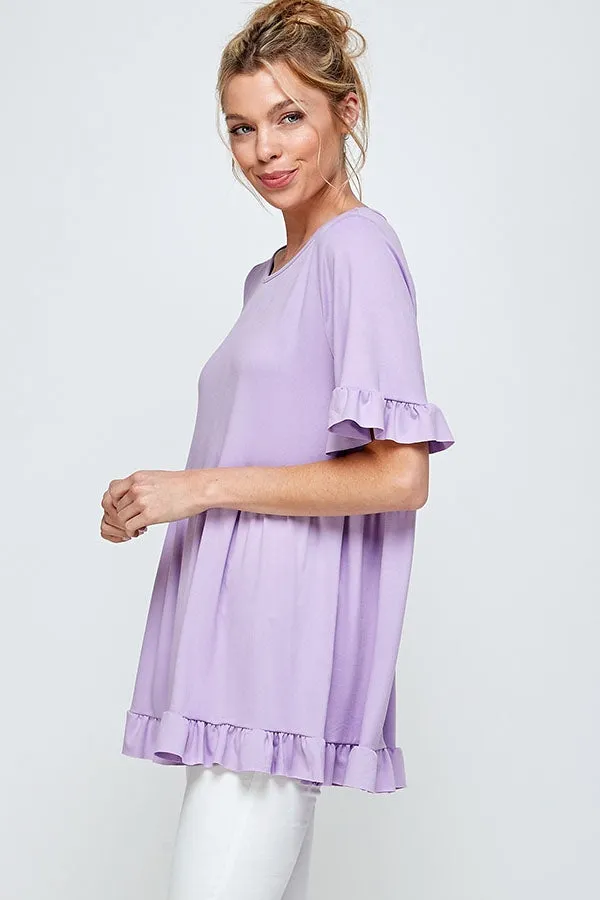 LAVENDER SHORT SLEEVE RUFFLED EDGE & HEM ROUND NECK TUNIC TOP