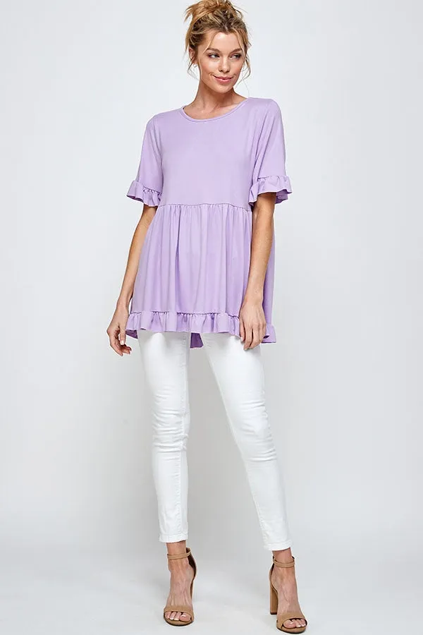 LAVENDER SHORT SLEEVE RUFFLED EDGE & HEM ROUND NECK TUNIC TOP