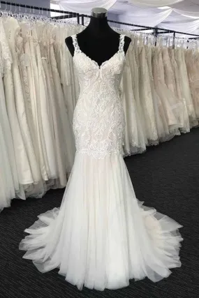 Long Mermaid Tulle V Neck Lace Wedding Dress