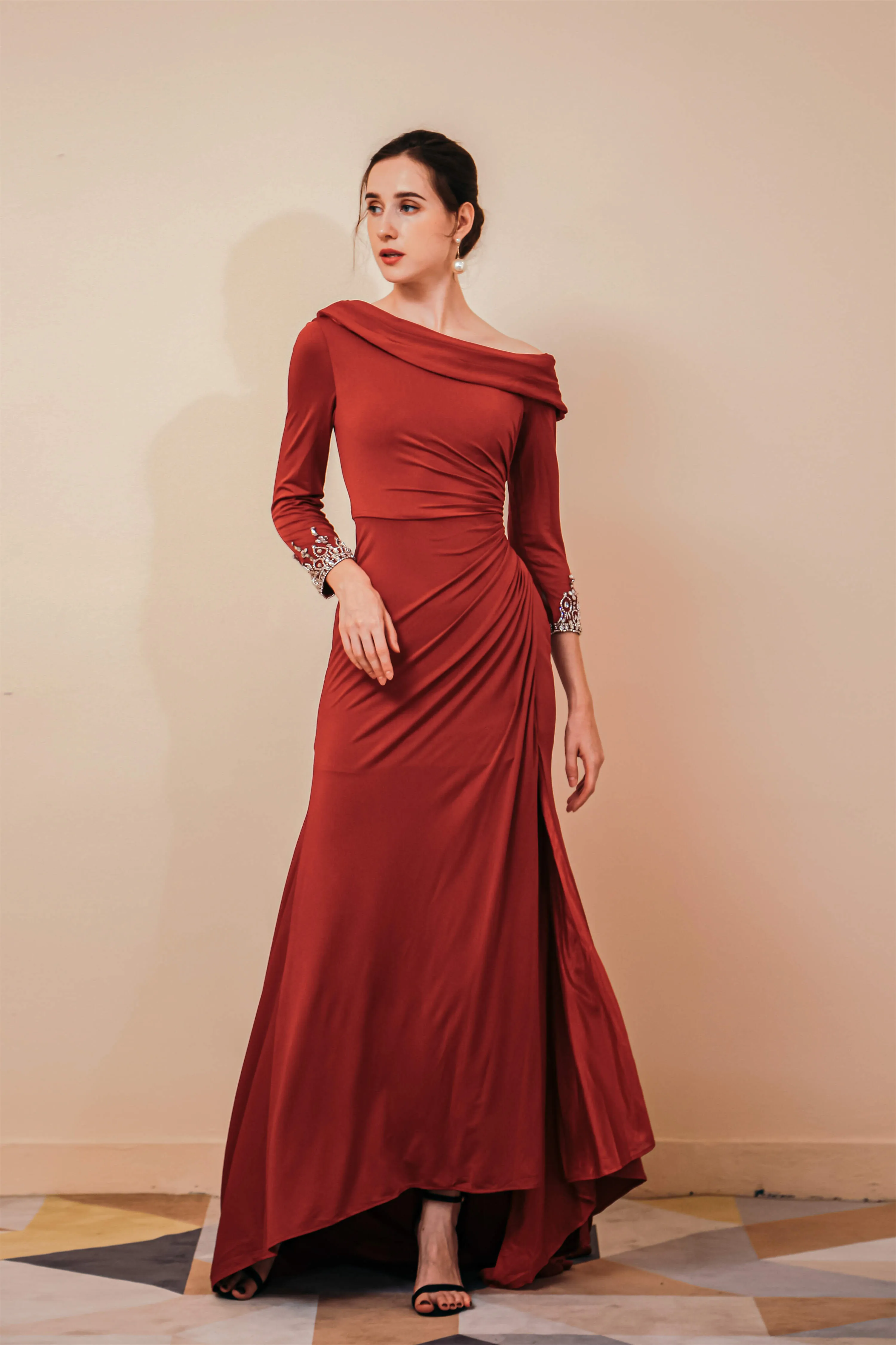 Long Sleeves Mermaid Burgundy Long Mother of the Bride Dresses