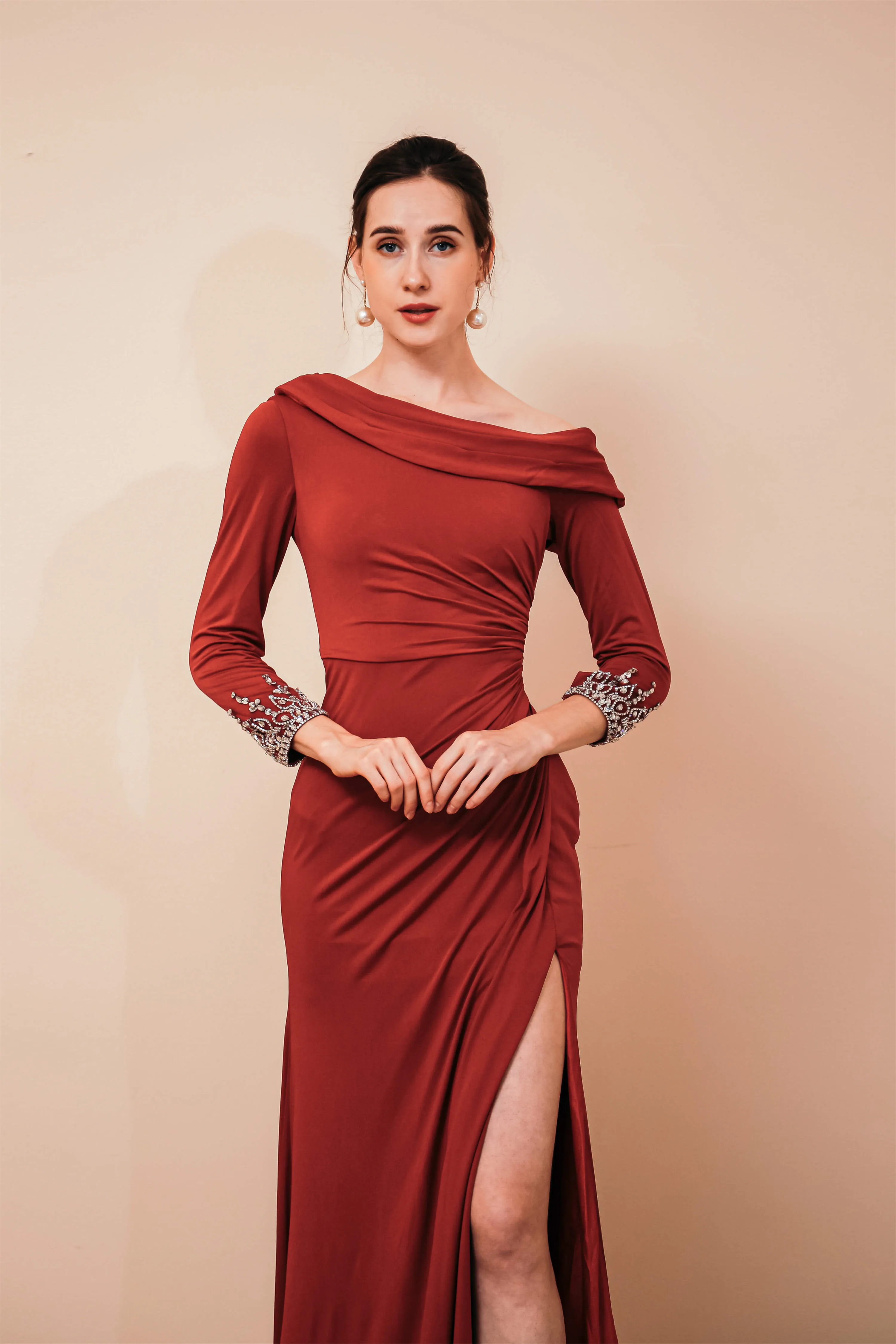 Long Sleeves Mermaid Burgundy Long Mother of the Bride Dresses