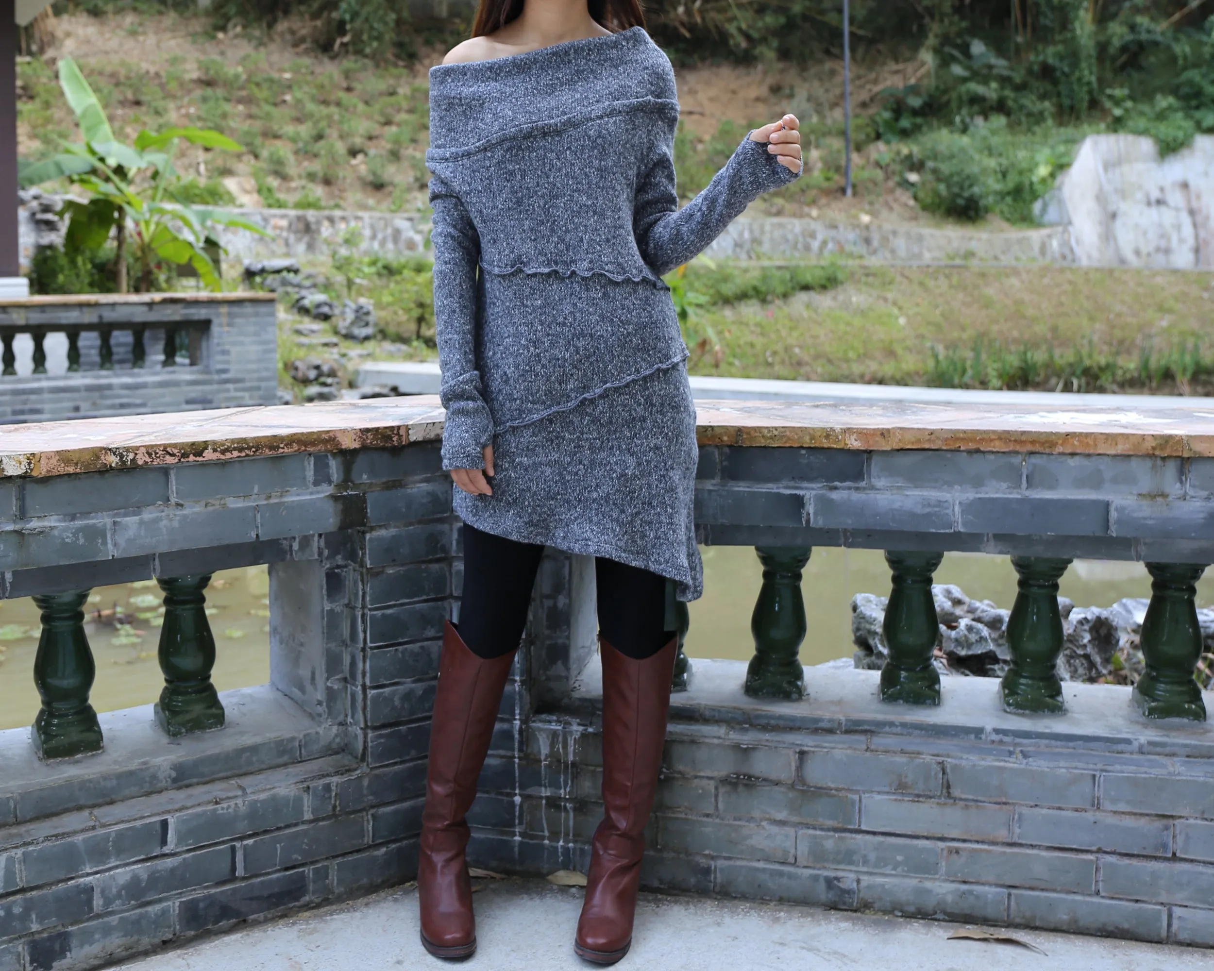 Long sweaters, Cowl neck sweater, off shoulder sweaters, tunic dress, Pullover sweater, oversized sweaters with thumb holes (Y1112)