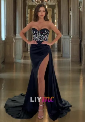 LP978 - Sweetheart Beads Ruched Mermaid Long Formal Prom Dress with Slit