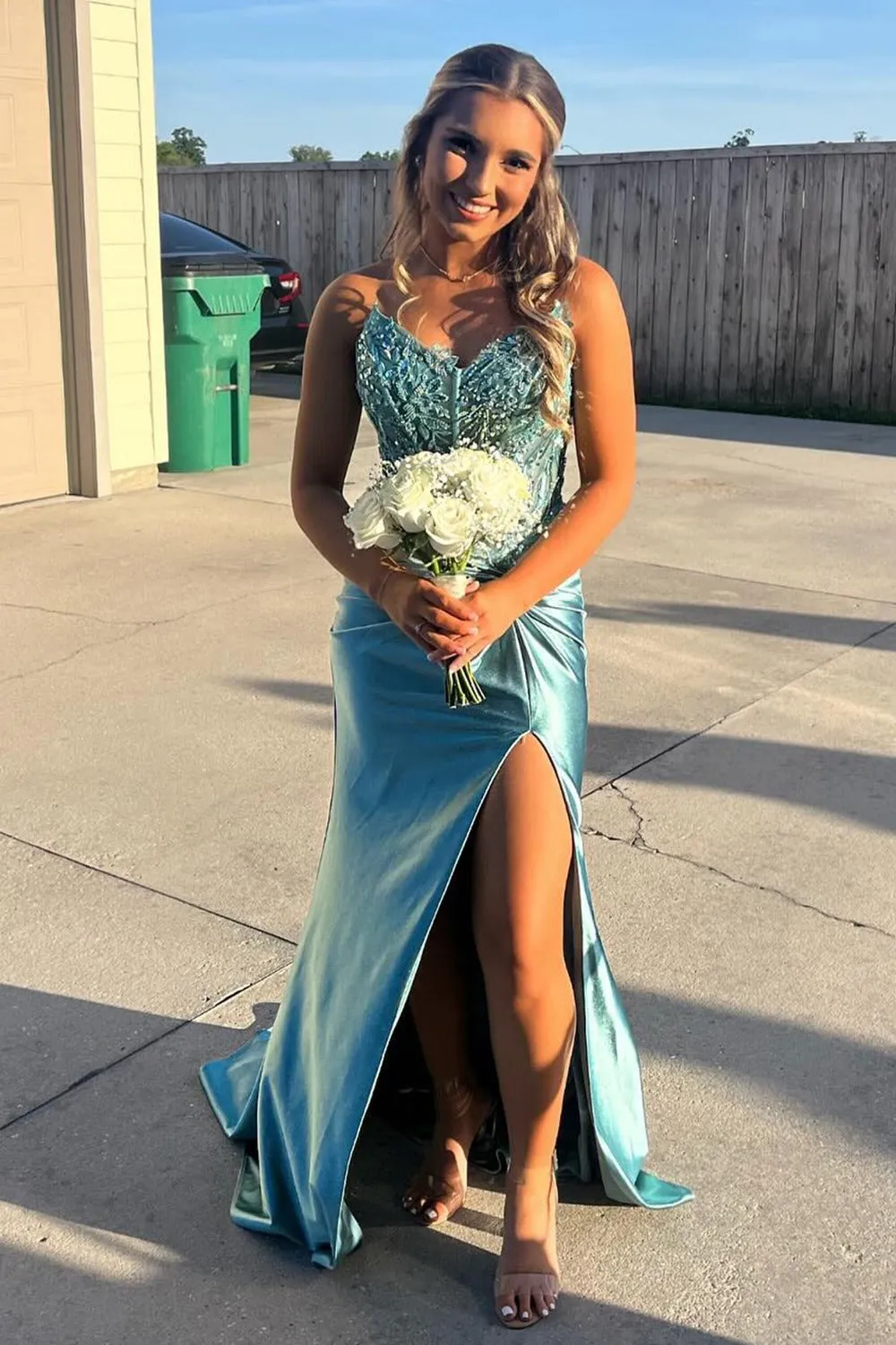 Marcia | Blue Spaghetti Straps Satin Mermaid Long Prom Dress With Beading