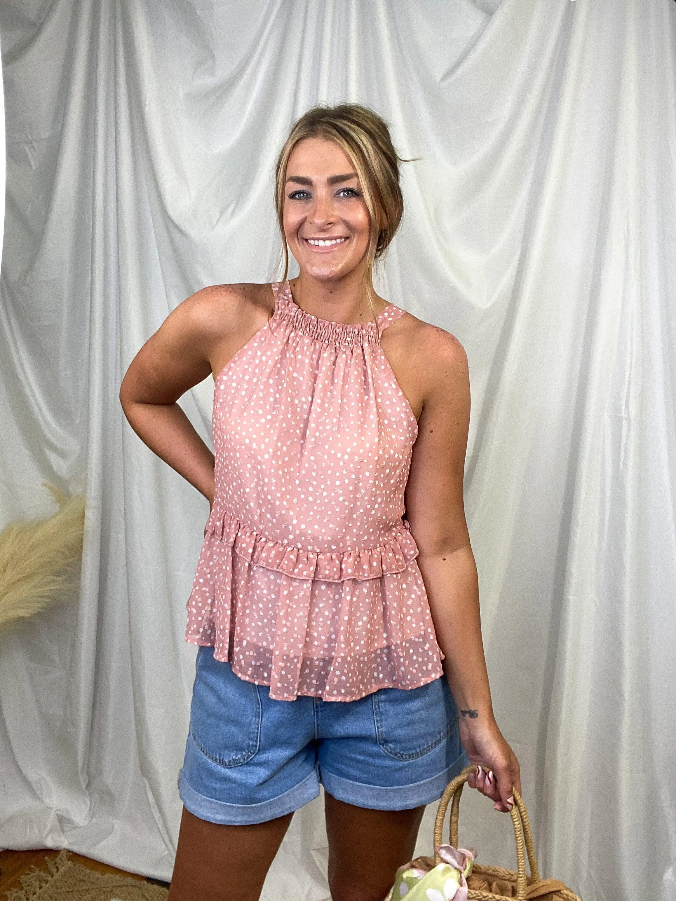 Mauve Dotted Ruffle Tiered Peplum Sleeveless Top