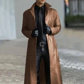 Men Faux Leather Jacket Stylish Trench Coat with Turn-down Collar Windproof Design Slim Fit