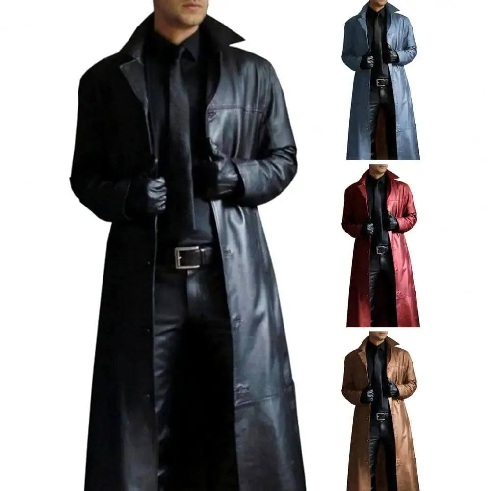 Men Faux Leather Jacket Stylish Trench Coat with Turn-down Collar Windproof Design Slim Fit