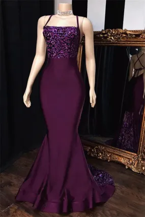 Mermaid Purple Spaghetti-Straps Appliques Sleeveless Prom Dresses