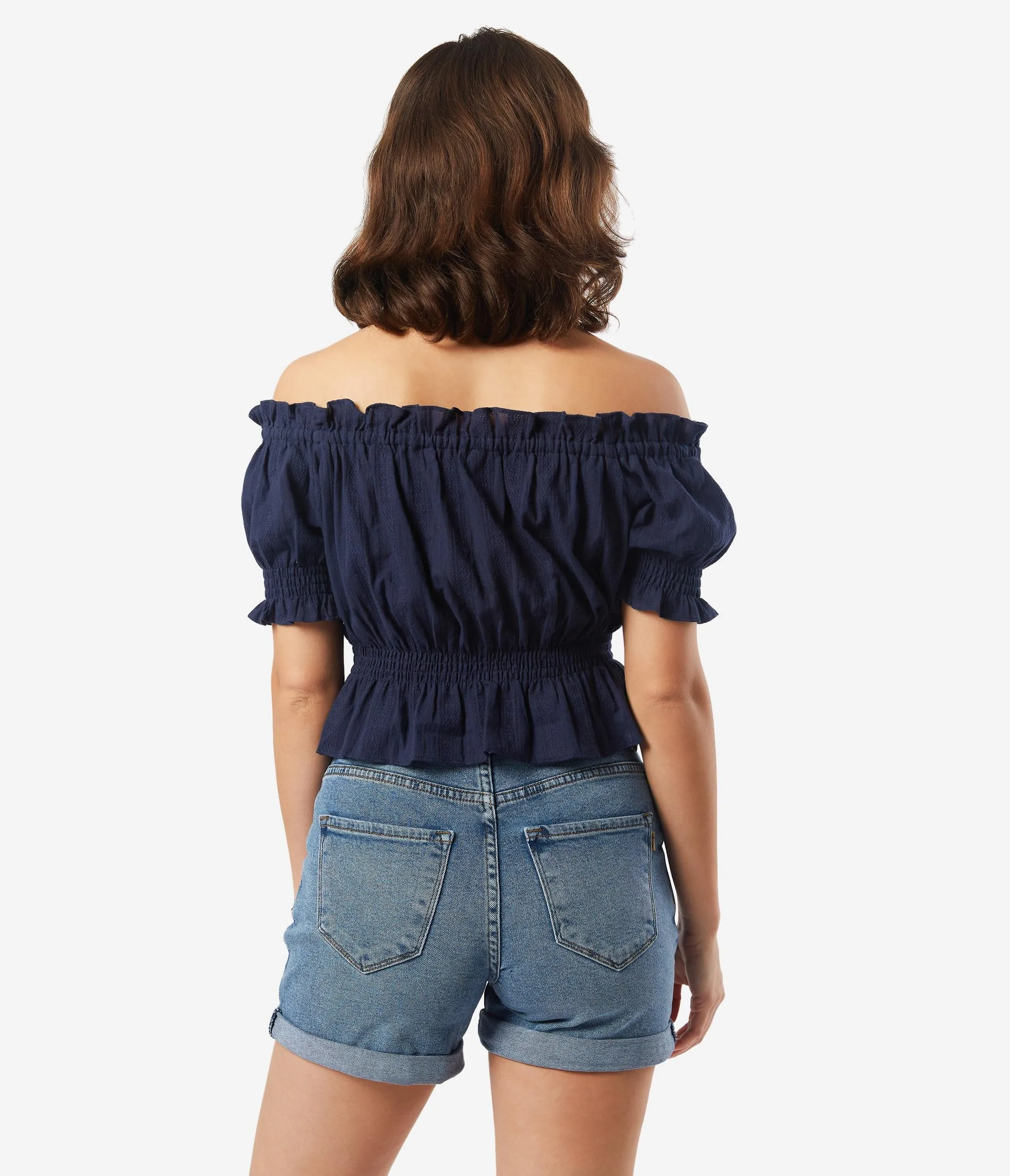 Navy Blue Off Shoulder Ruffle Crop Top