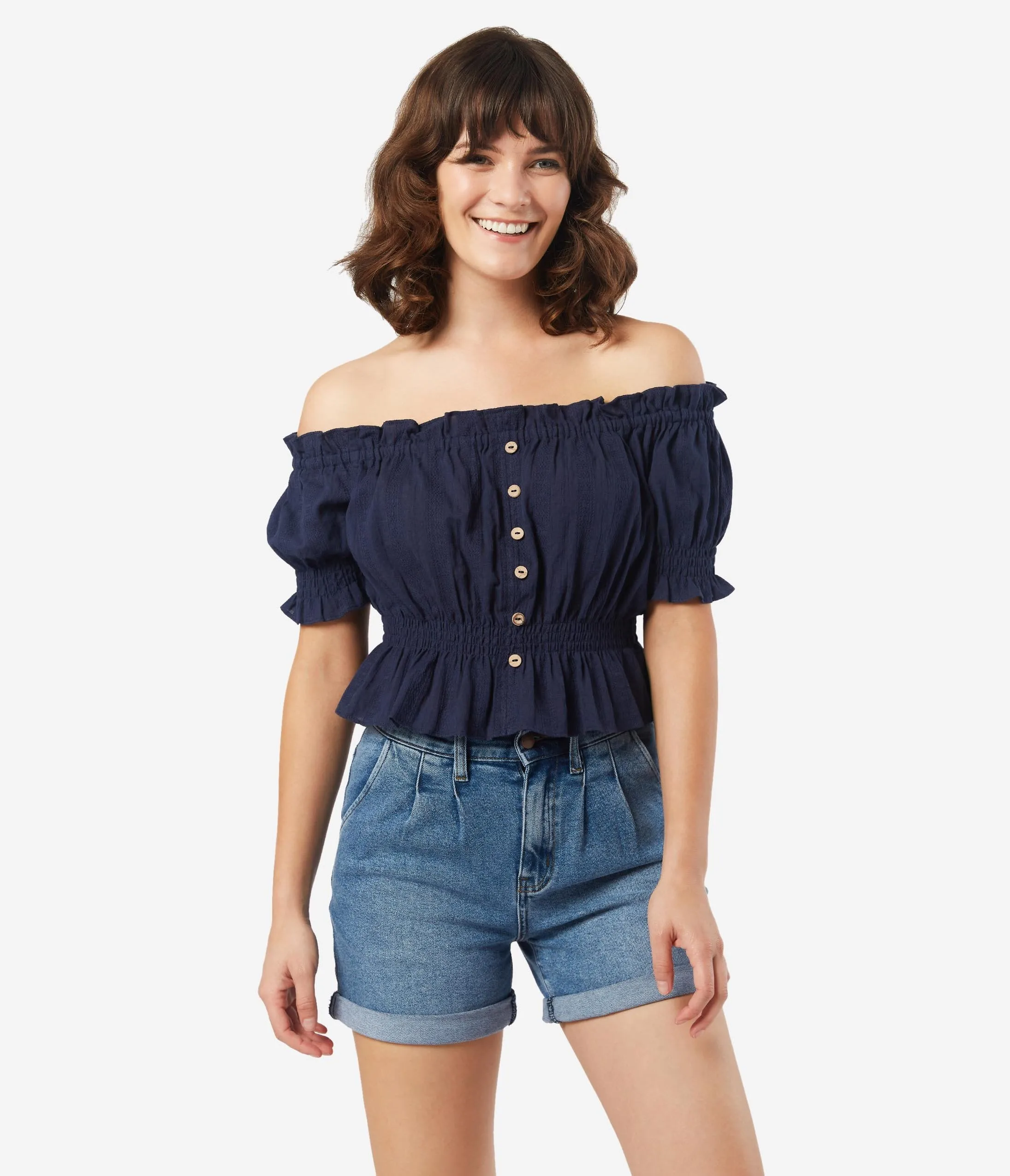 Navy Blue Off Shoulder Ruffle Crop Top