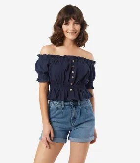 Navy Blue Off Shoulder Ruffle Crop Top