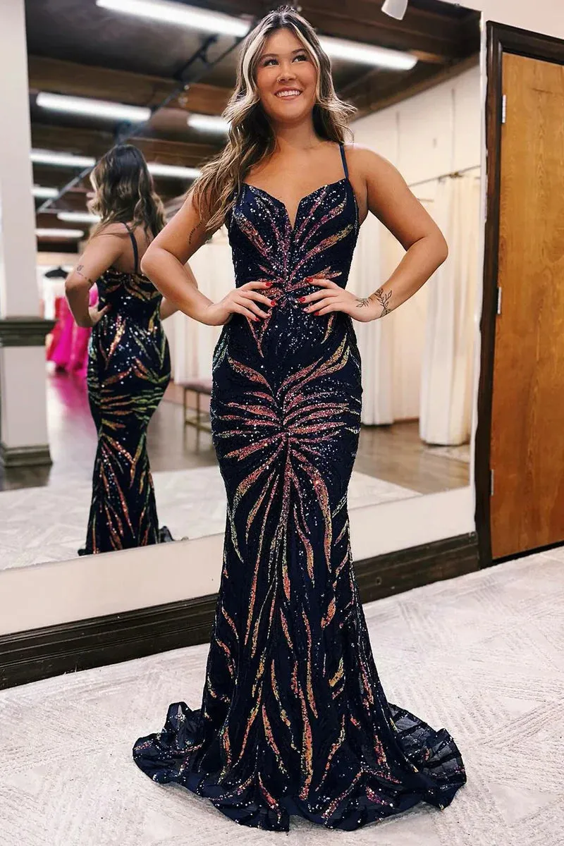 Navy Spaghetti Straps Sequins Lace Mermaid Long Prom Dresses