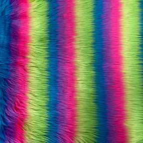 Neon Rainbow Stripe Long Pile Faux Fur Fabric