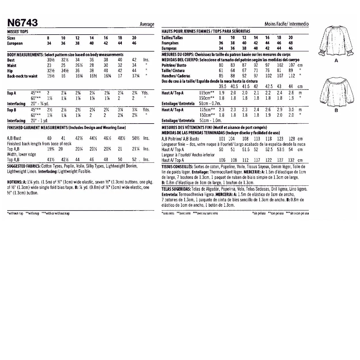 New Look Sewing Pattern 6743 Misses' Tops