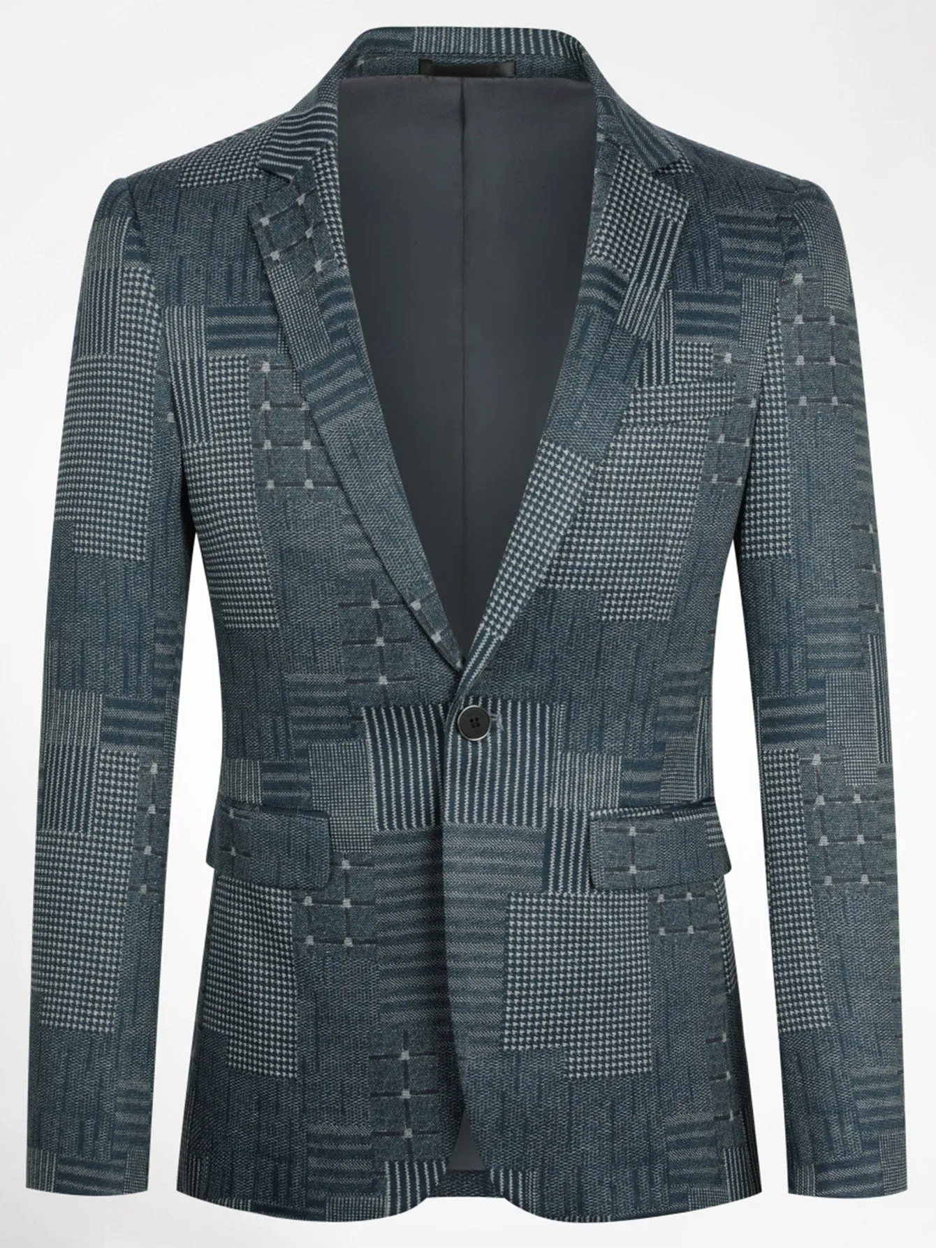 Plaid And Houndstooth Single Button Flap Detail Blazer