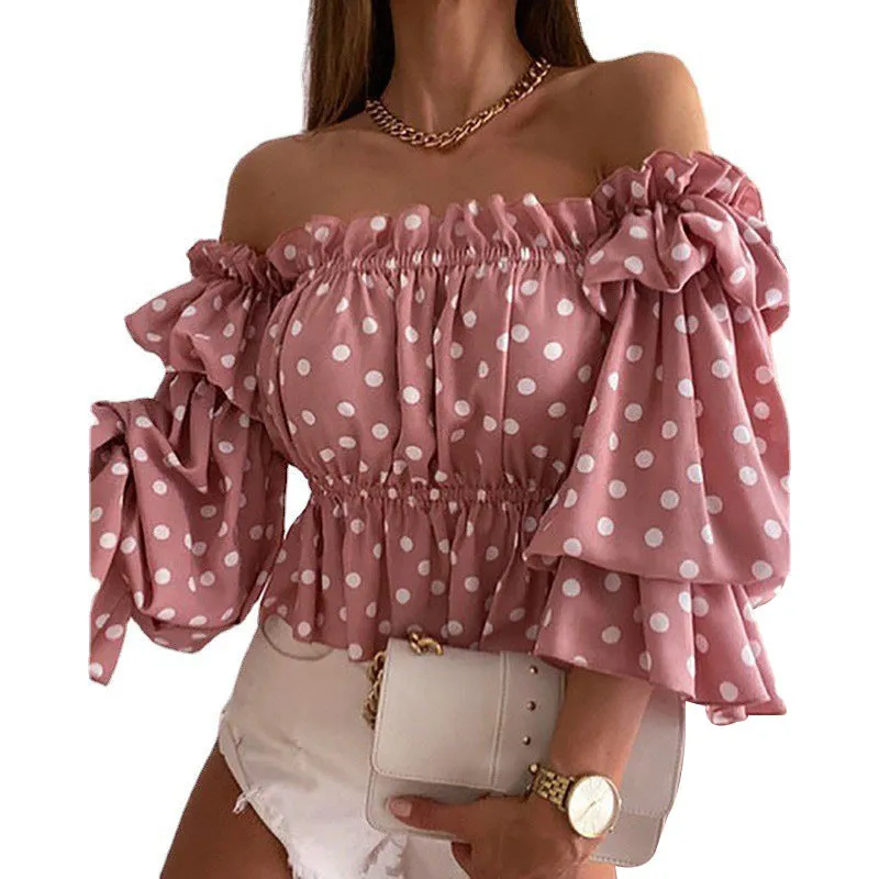 Polka Dots Floral Color Stripe Ruffled Sleeve One Shoulder Blouse Wholesale Vendors Clothing