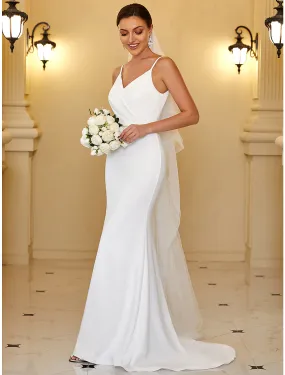 Reception Casual Wedding Dresses Mermaid / Trumpet Camisole V Neck Spaghetti Strap Sweep / Brush Train Stretch Fabric Bridal Gowns With Ruched Draping Summer Wedding Party