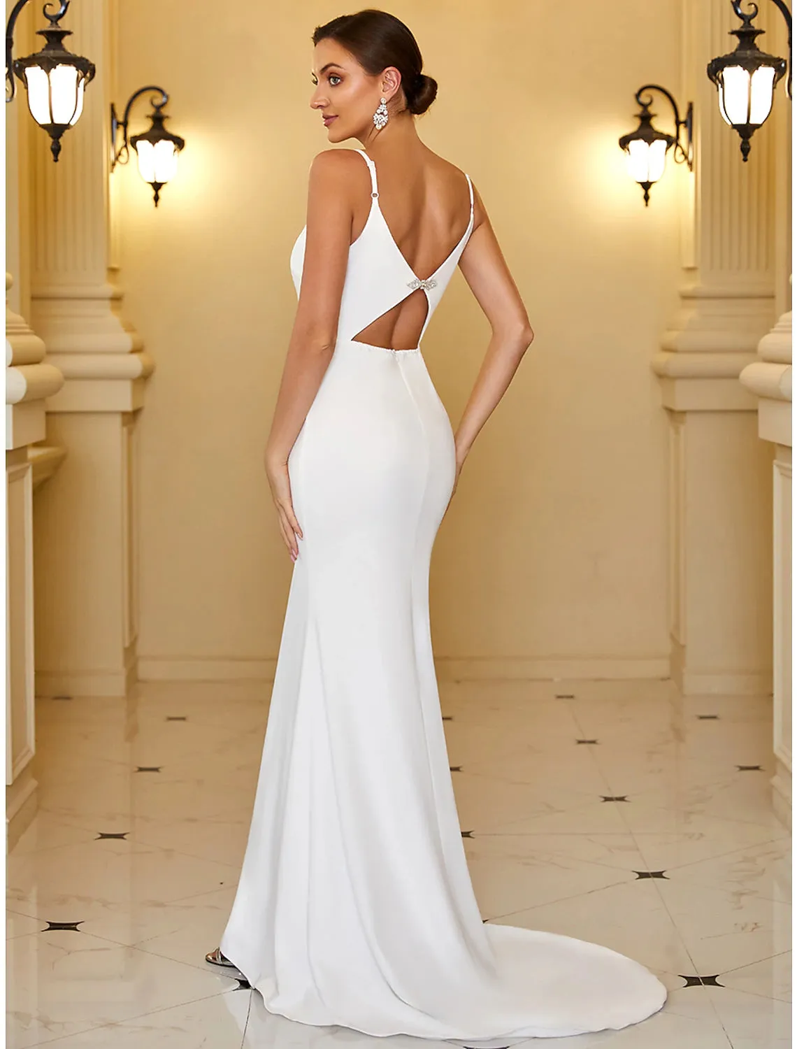 Reception Casual Wedding Dresses Mermaid / Trumpet Camisole V Neck Spaghetti Strap Sweep / Brush Train Stretch Fabric Bridal Gowns With Ruched Draping Summer Wedding Party