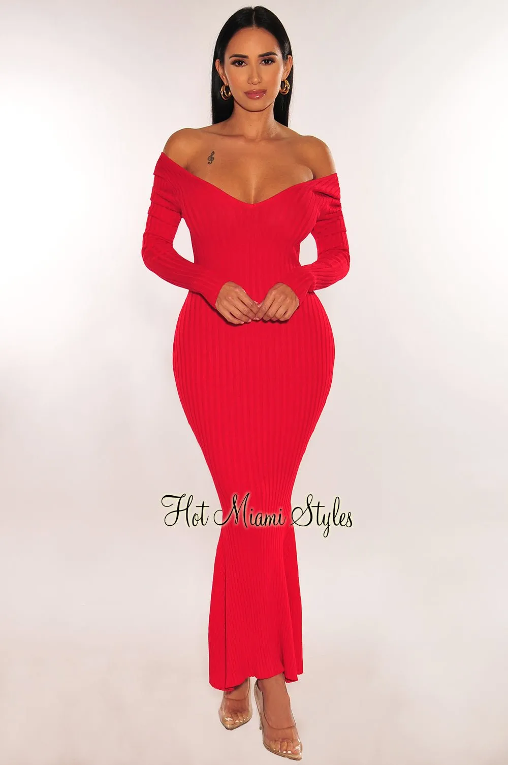 Red Ribbed Knit Long Sleeves Mermaid Dress