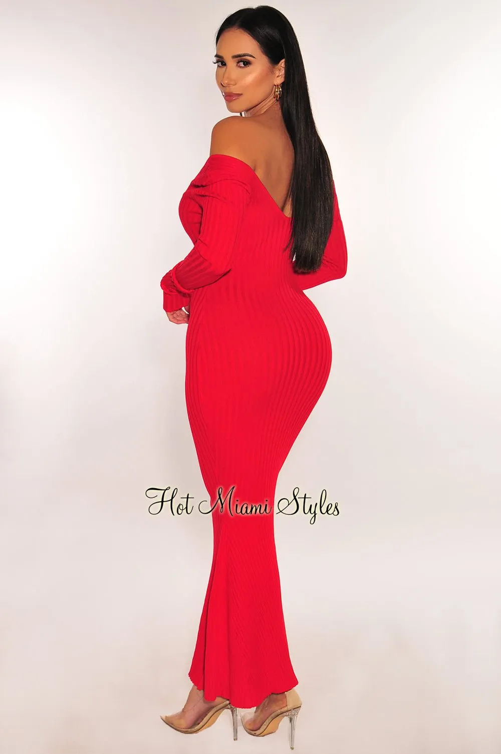 Red Ribbed Knit Long Sleeves Mermaid Dress