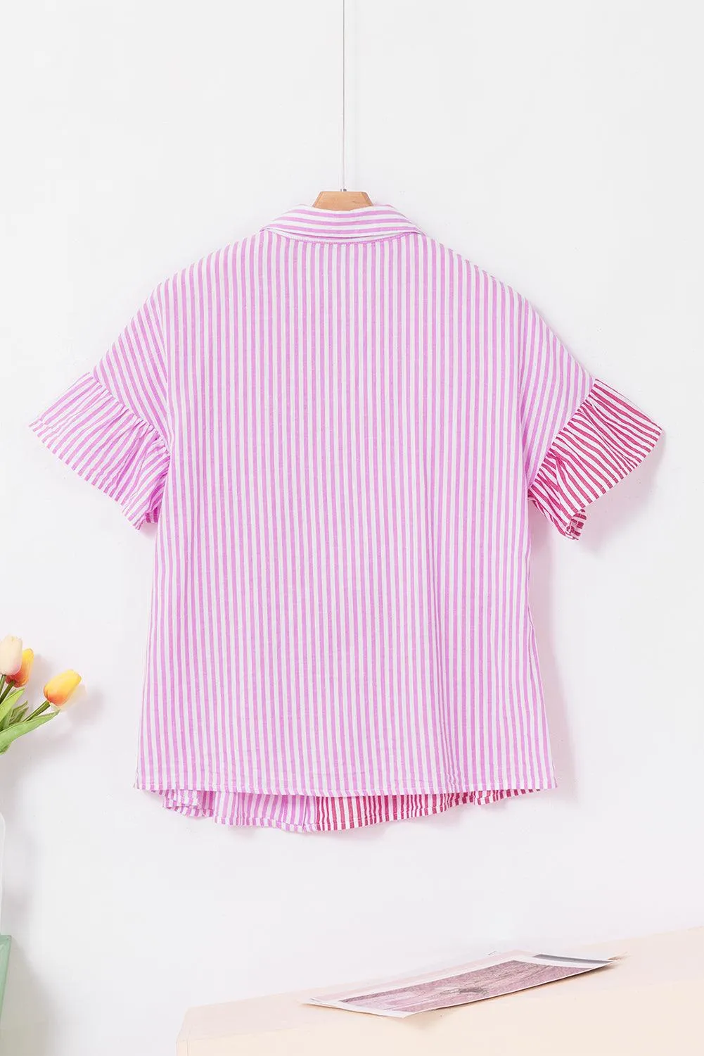 Ruffled Pink Stripe Button Shirt