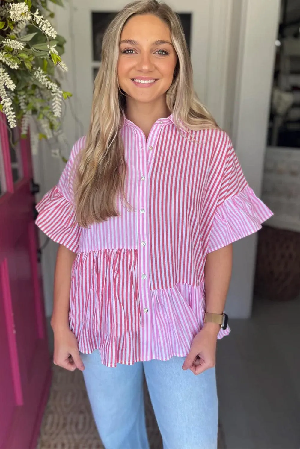 Ruffled Pink Stripe Button Shirt