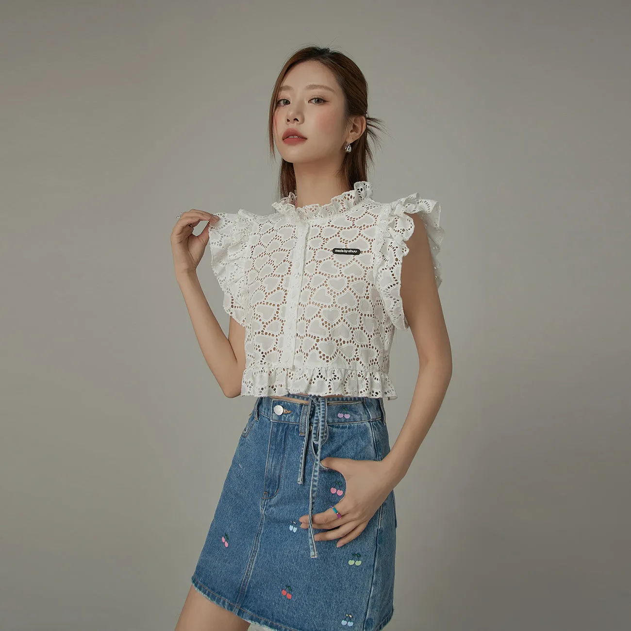 Ruffled Sleeve Heart Lace Blouse