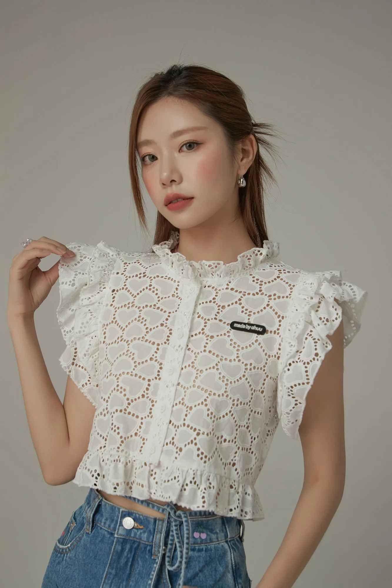 Ruffled Sleeve Heart Lace Blouse