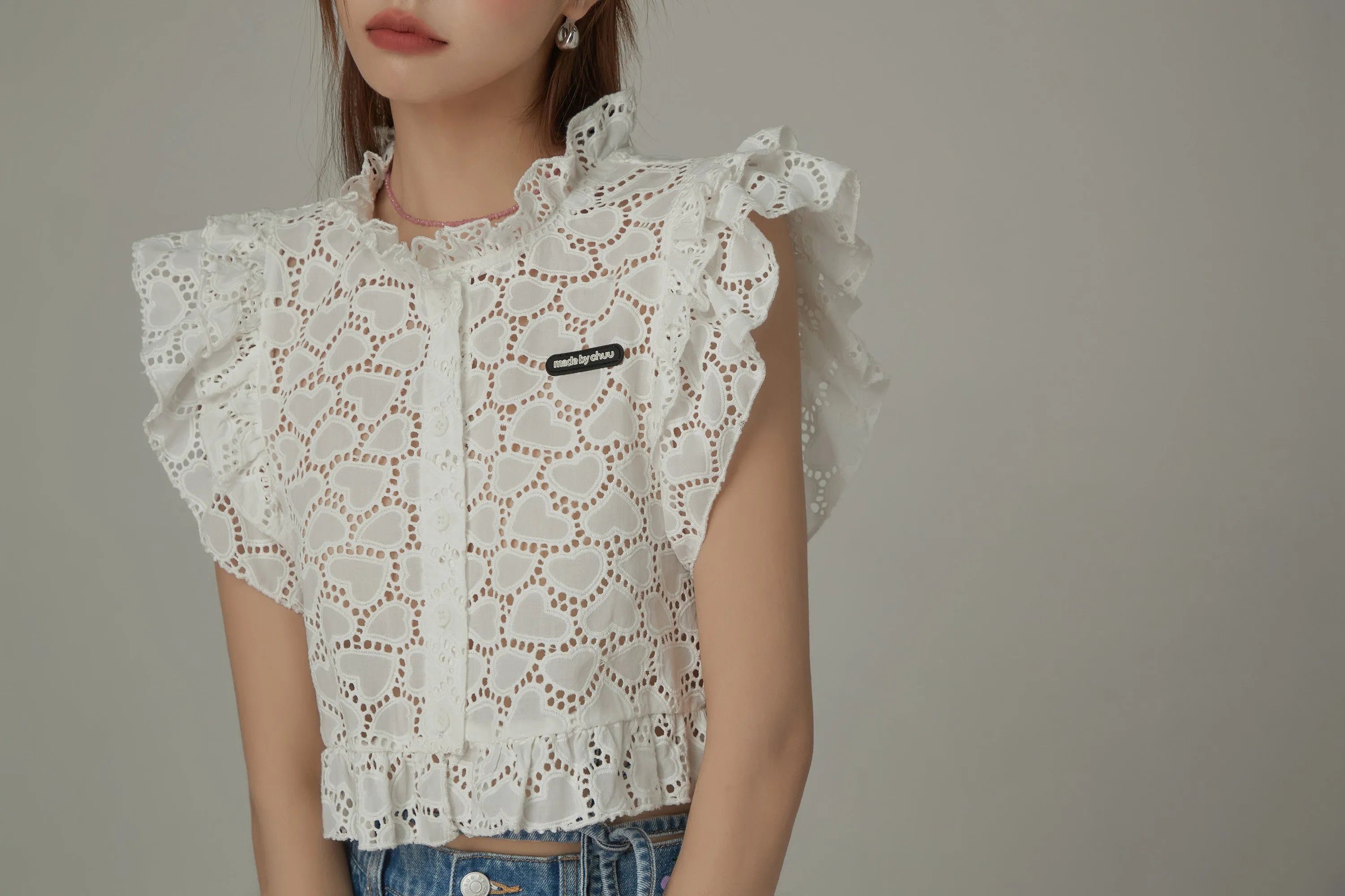 Ruffled Sleeve Heart Lace Blouse