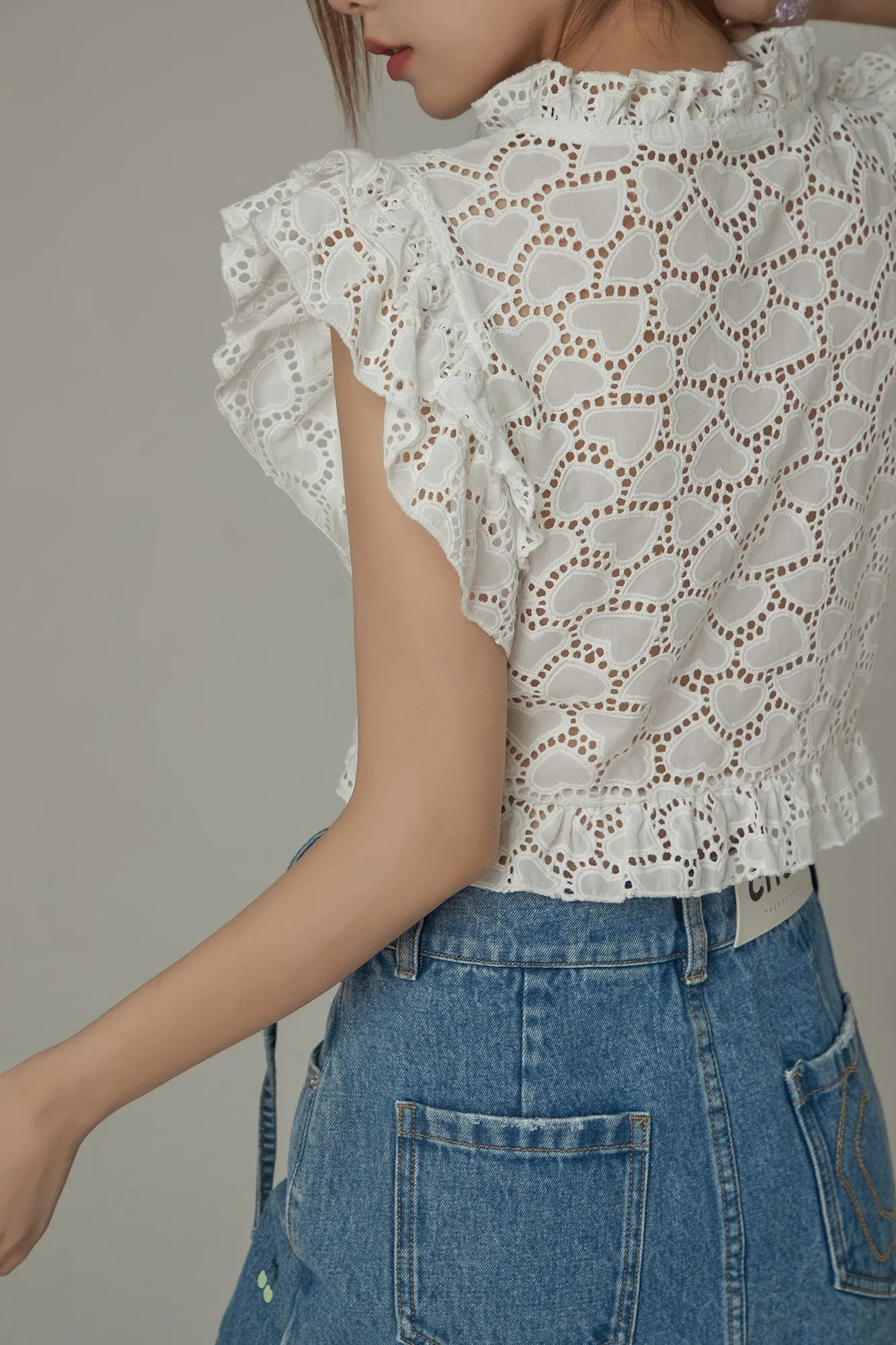 Ruffled Sleeve Heart Lace Blouse