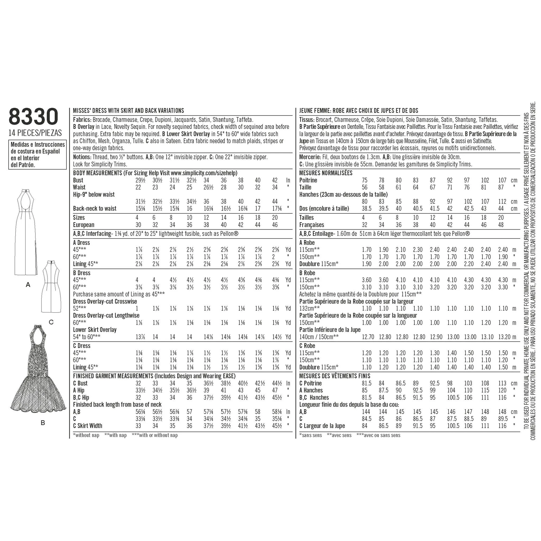 Simplicity Pattern 8330 misses dress with skirt and back variations