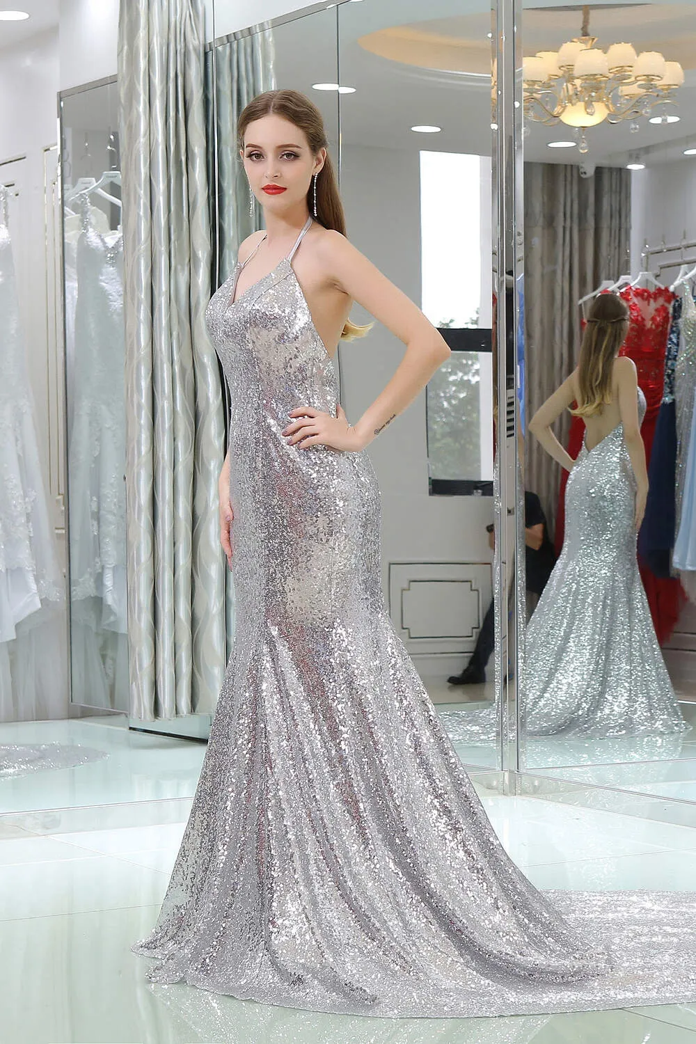 Sparkly Silver Sequined Mermaid Halter Backless Prom Dresses