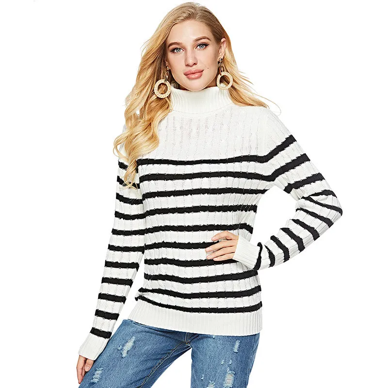 Stripe High Neck Collar Knitting Sweaters