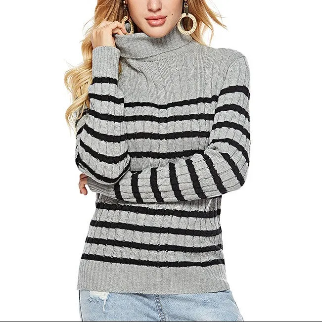 Stripe High Neck Collar Knitting Sweaters