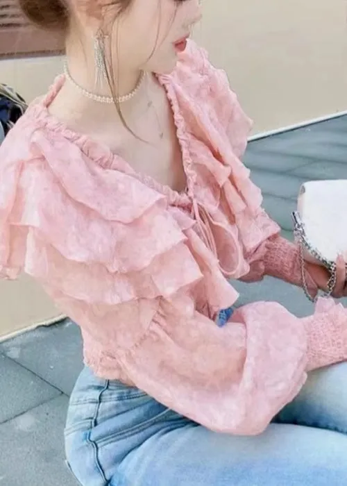 Stylish Pink Ruffled Lace Up Chiffon Blouses Long Sleeve AB1056