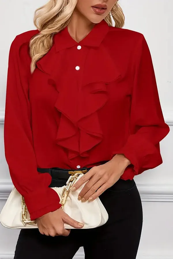 Stylish Ruffled Tiered Lapel Long-sleeved Shirt