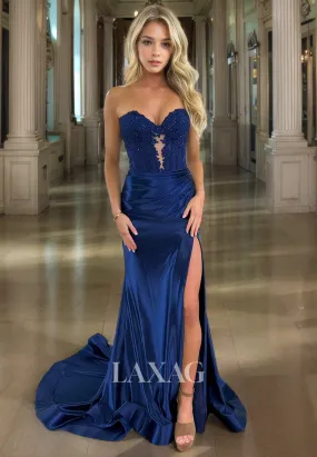 Sweetheart Appliques Ruched Mermaid Long Prom Dress Sleeveless High Slit Train Party Gowns