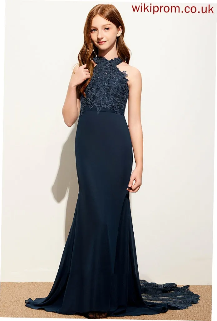 Train Athena Neck Lace Junior Bridesmaid Dresses Trumpet/Mermaid Chiffon Scoop Sweep