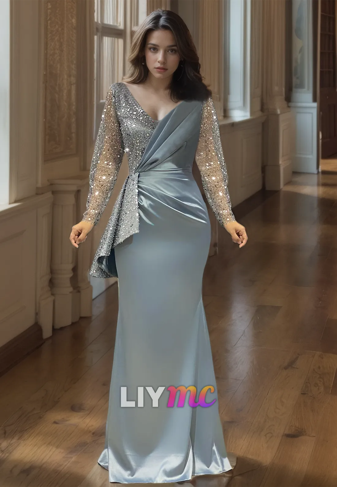 V-Neck Long Sleeves Sequins Ruched Sleek Mermaid Prom Dress