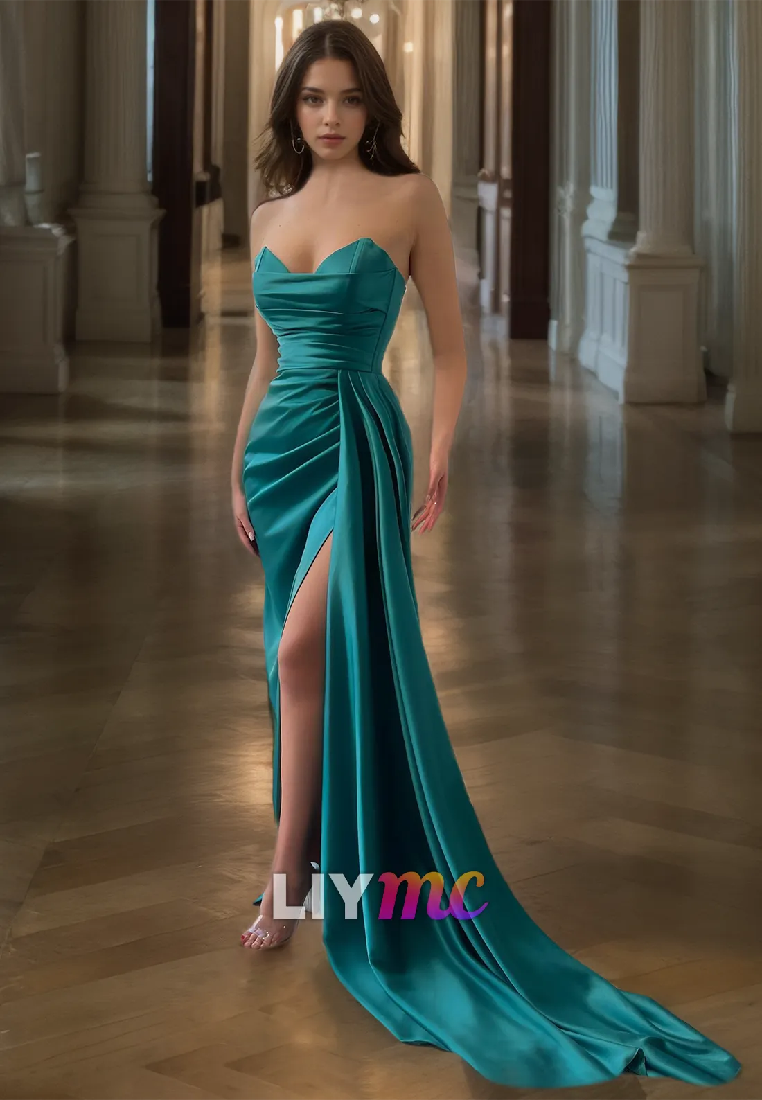 V-Neck Strapless Ruched High Slit Sheath Prom Dress