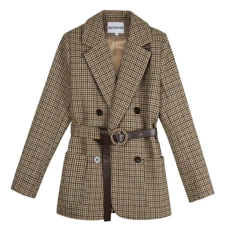 Vintage Houndstooth Plaid Women Blazers