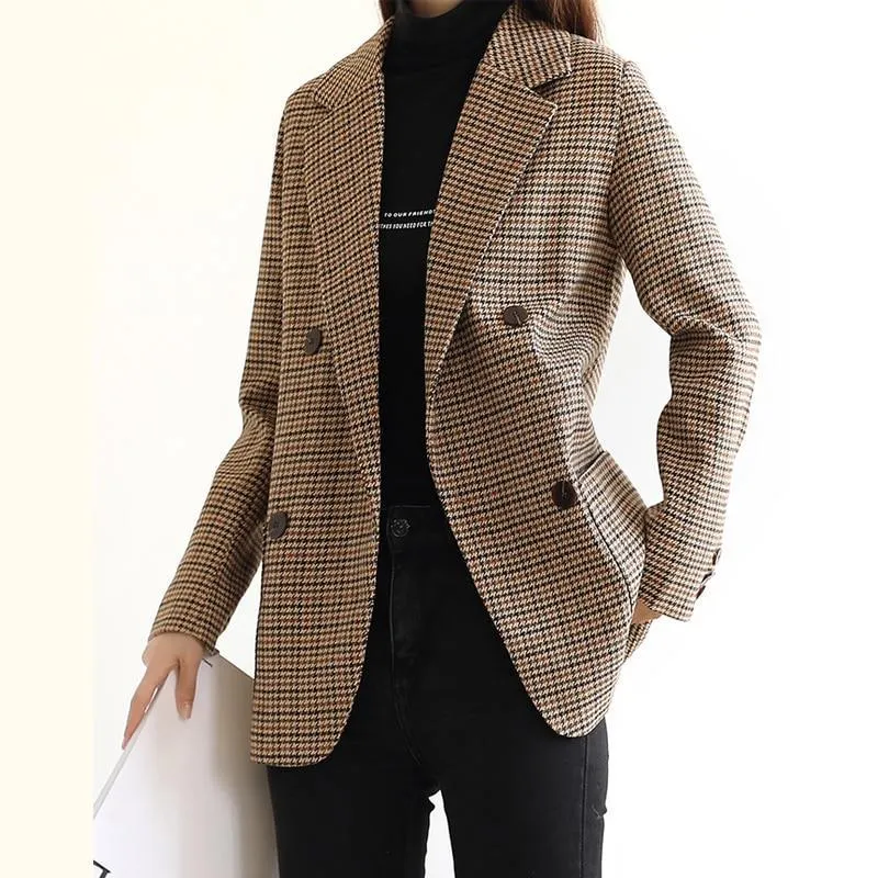 Vintage Houndstooth Plaid Women Blazers