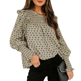 Women Ruffled Dot Print Chiffon Tops Blouses