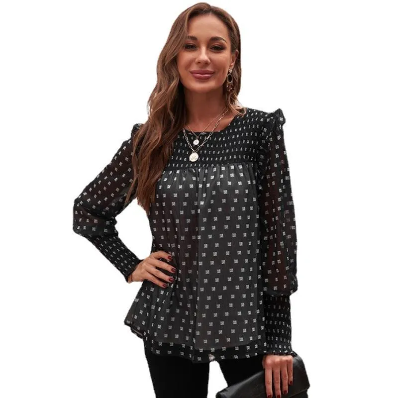 Women Ruffled Dot Print Chiffon Tops Blouses