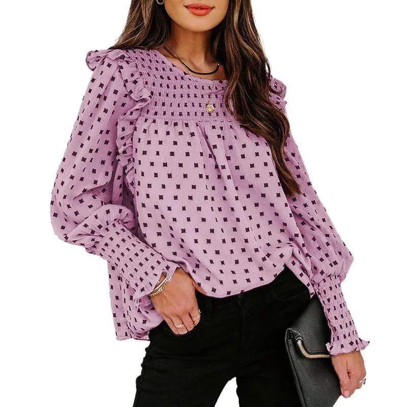 Women Ruffled Dot Print Chiffon Tops Blouses